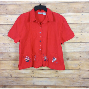 Vintage Jane Ashley Shirt XL Red Hearts Flowers Short Sleeve Button Down